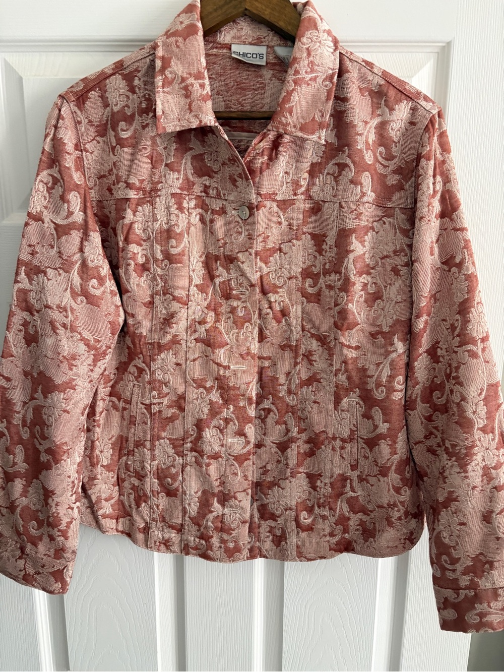 Chico's Rose-Peach Floral Jacquard Button-Front Jacket